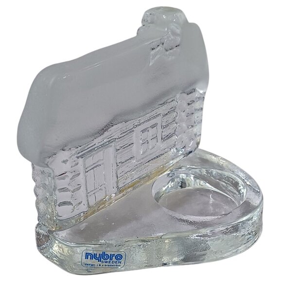 Nybro Sweden Log Cabin Tealight Candle Holder Frosted Winter Design 4x4x3 - Picture 4 of 7